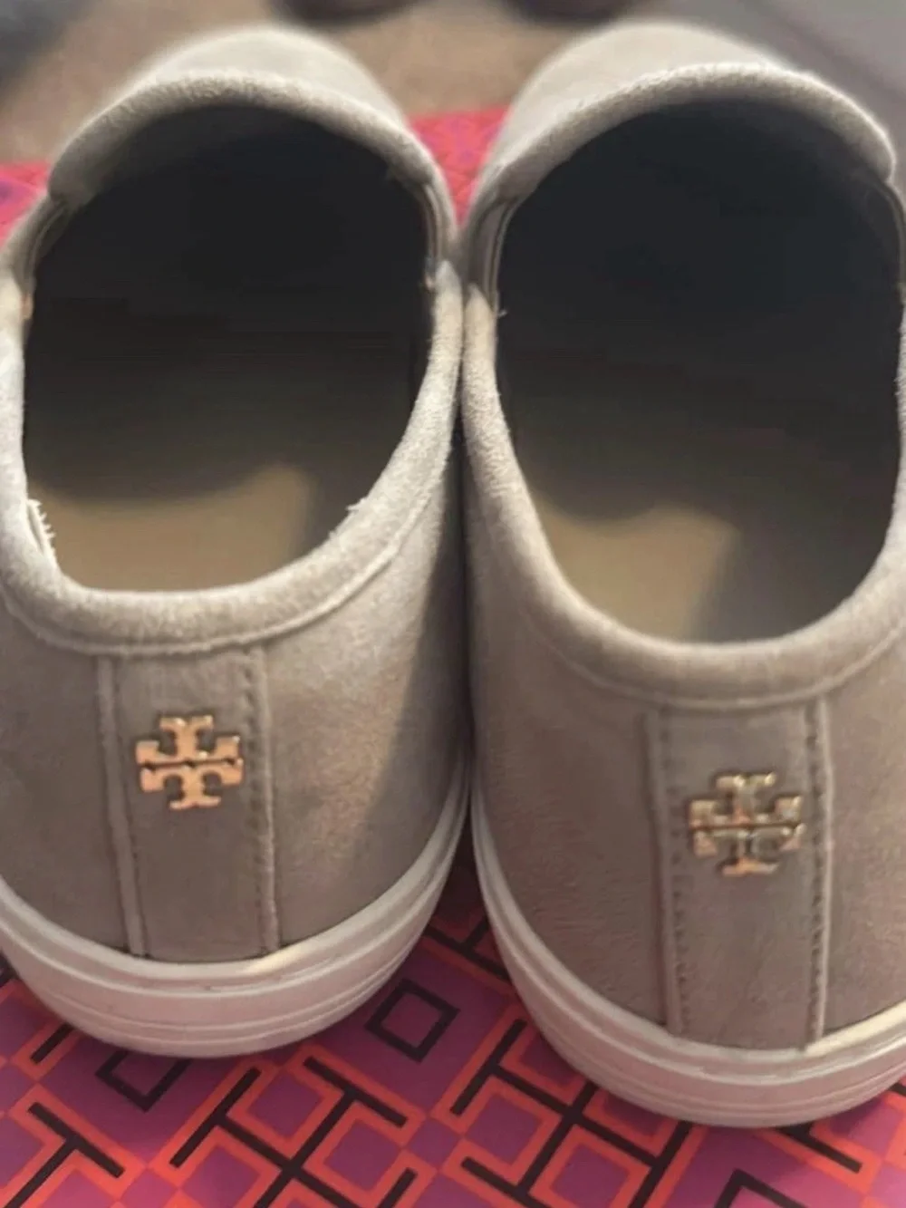 Tory Burch women’s Slip-On Casual Suede Sneakers - Light Gray gold logo